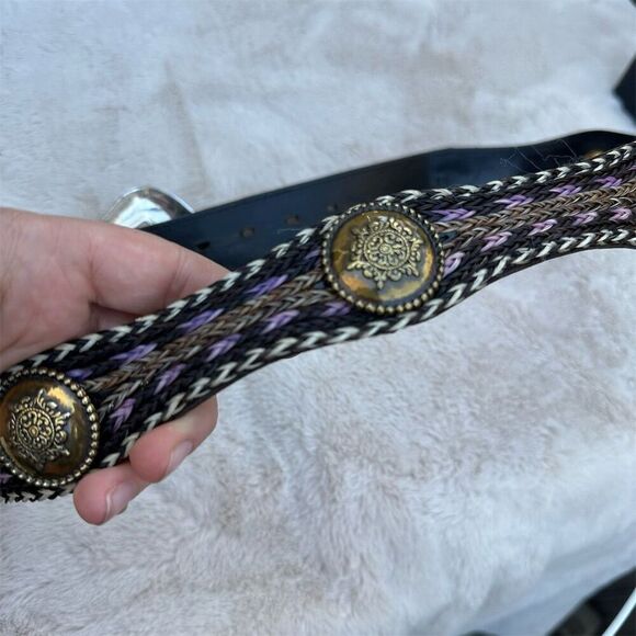 Vintage Men's Western Leather Belt with Silver Buckle Size 34 - Picture 5 of 7